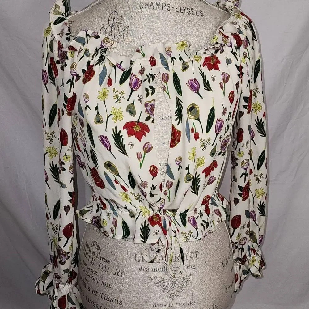 Revolve Stone Cold Fox Silk Savona Floral Open Front Crop Top Blouse 1 US 2